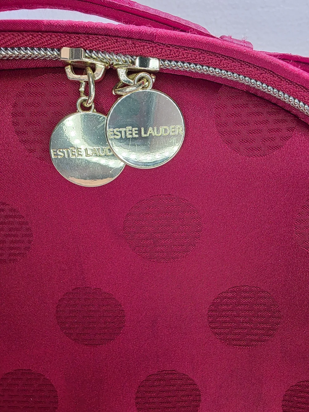 Estee Lauder Red Polka Dot Cosmetic Pouch with Gold Zippers